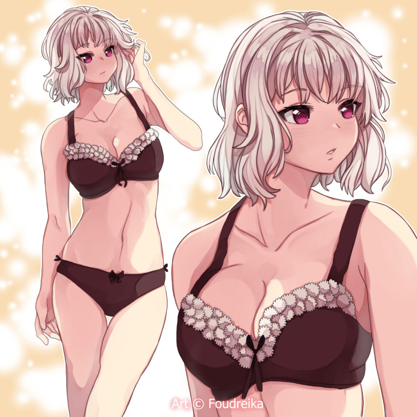 1girl black_bra black_panties bow bow_bra bow_panties bra breasts commission fate/kaleid_liner_prisma_illya fate/stay_night fate_(series) foudreika highres leysritt_(fate) magenta_eyes medium_breasts multiple_views navel open_mouth panties underwear underwear_only white_hair