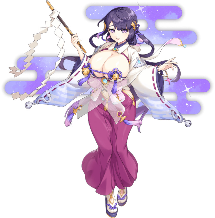 1girl artist_request bell bracelet breasts cassiopeia_(legend_clover) clothing_cutout earrings four-pointed_star full_body game_cg gohei highres holding holding_gohei japanese_clothes jewelry jingle_bell large_breasts legend_clover mole mole_under_eye navel navel_cutout official_alternate_costume official_art open_mouth purple_eyes purple_hair solo star_(symbol) star_earrings third-party_source transparent_background