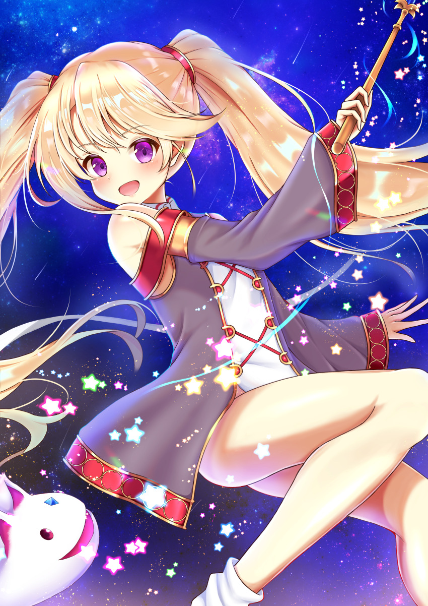 1girl absurdres bare_shoulders blonde_hair breasts emn familiar highres iris_mysteria! ladis_(iris_mysteria!) long_hair looking_at_viewer open_mouth purple_eyes small_breasts socks star_(symbol) thighs twintails wand wide_sleeves