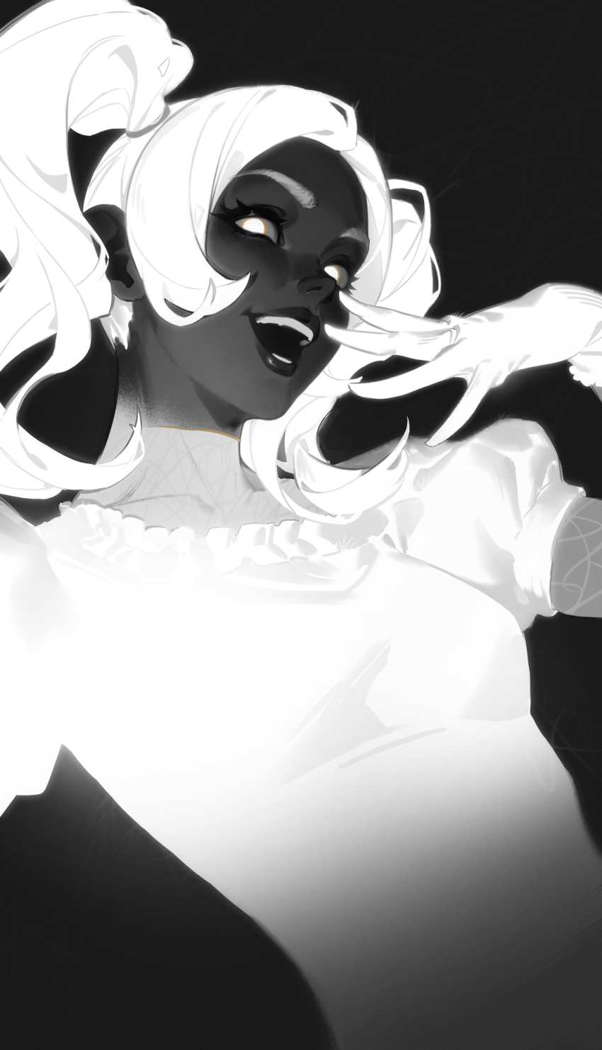 1girl dethmaid gloves glowing glowing_eyes highres hollow_knight humanization lace_(hollow_knight) laughing monochrome open_mouth parted_lips solo twintails upper_body