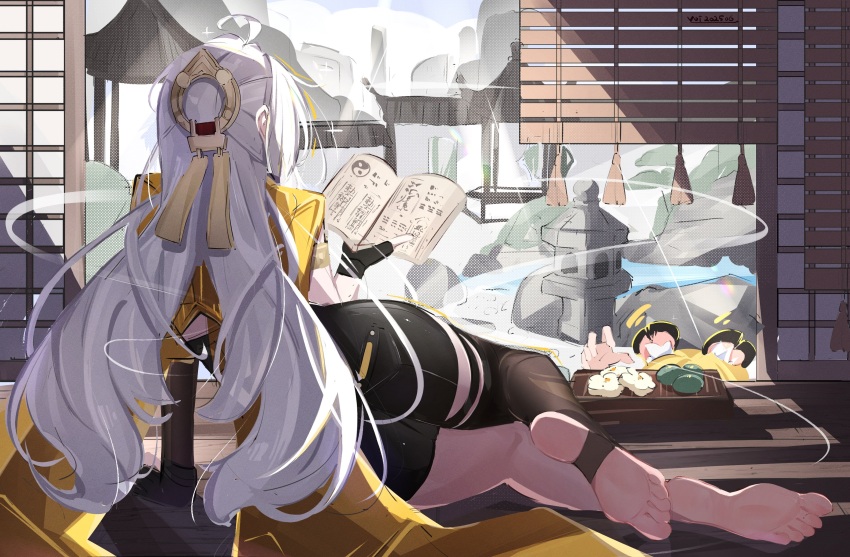 1girl 1other absurdres ahoge architecture ass black_gloves black_shorts black_thighhighs book commentary east_asian_architecture english_commentary feet fingerless_gloves from_behind gloves hair_ornament highres jacket long_hair no_shoes open_book shorts soles solo_focus stirrup_legwear thigh_strap thighhighs toeless_legwear toes very_long_hair voi_271 white_hair yellow_jacket yixuan_(zenless_zone_zero) zenless_zone_zero