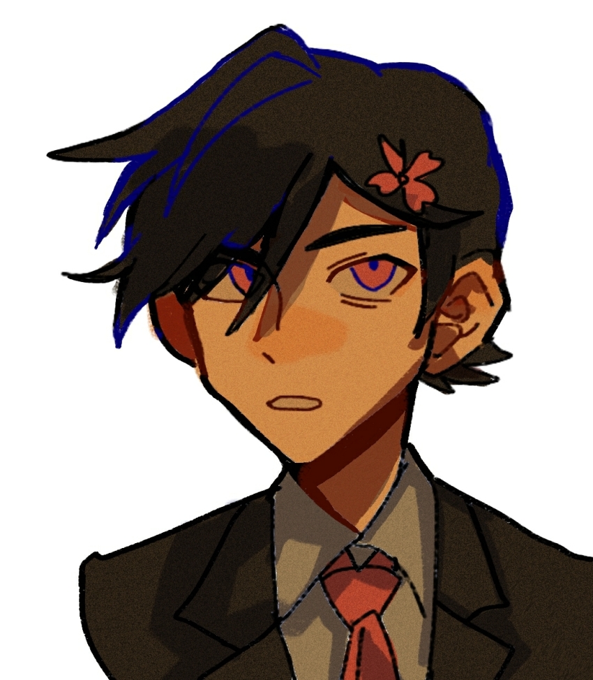 1girl beiquqian black_hair black_jacket black_shirt chinese_commentary collared_shirt commentary_request cropped_shoulders film_grain flower grey_shirt hair_between_eyes hair_flower hair_ornament highres hondoumachi_koharu id_:_invaded jacket lapels necktie notched_lapels red_eyes red_flower red_necktie shirt short_hair simple_background solo white_background