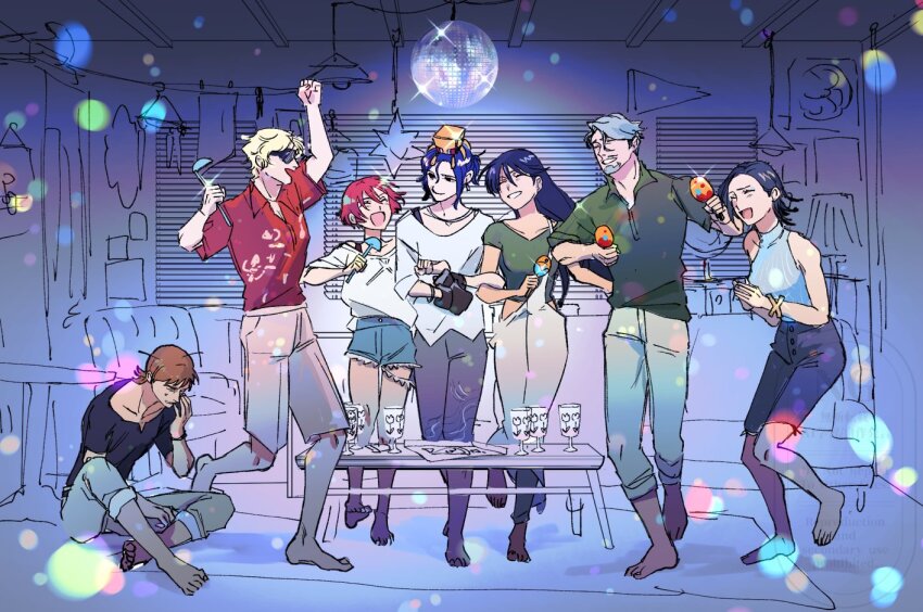 3girls 4boys amate_yuzuriha beard beeeeetan black_hair blonde_hair blue_hair breasts brown_hair challia_bull char_aznable closed_eyes collared_shirt colored_inner_hair comoli_harcourt denim facial_hair forehead gloves gundam gundam_gquuuuuux jeans long_hair long_sleeves mole mole_under_eye mole_under_mouth multicolored_hair multiple_boys multiple_girls mustache nyaan_(gundam_gquuuuuux) open_mouth pants party purple_hair red_eyes red_hair robot shirt short_hair shorts shuji_ito skirt smile tank_top torn_clothes torn_jeans torn_pants two-tone_hair white_shirt xavier_olivette