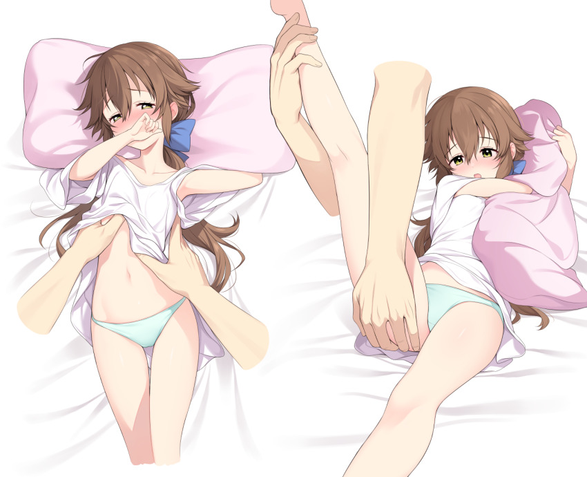 1boy 1girl aqua_panties blue_bow blush bow brown_hair clothes_lift collarbone covering_own_mouth disembodied_hand eiyuu_densetsu feet_out_of_frame green_eyes hair_bow hakuleg hand_on_another&#039;s_leg hand_on_another&#039;s_thigh hand_under_clothes hand_under_shirt hetero highres hugging_object kneepits leg_lift lifting_another&#039;s_clothes loli lying navel on_back open_mouth panties pillow pillow_hug pink_pillow pov pov_hands rean_schwarzer sen_no_kiseki_(series) shirt shirt_lift towa_herschel underwear