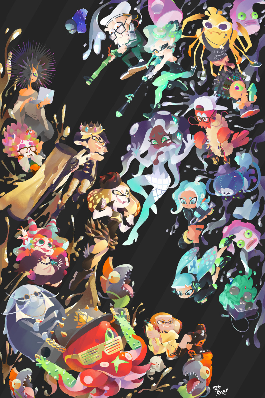 3d_rod! 6+girls absurdres agent_8_(splatoon) annie_(splatoon) bizen_(splatoon) c.q._cumber_(splatoon) callie_(splatoon) callie_(squid_sisters_outfit)_(splatoon) cap&#039;n_cuttlefish commander_tartar craymond_(splatoon) crown crusty_sean dark-skinned_female dark_skin dj_octavio everyone flow_(splatoon) glasses gusoku-san highres inkling inkling_girl inkling_player_character jellyfish li&#039;l_judd_(splatoon) marie_(splatoon) marie_(squid_sisters_outfit)_(splatoon) marina_(splatoon) marina_(team_order)_(splatoon) midair moe_(splatoon) multiple_girls murch_(splatoon) nintendo octarian_(enemy) octoling octoling_player_character octotrooper pearl_(splatoon) pearl_(team_chaos)_(splatoon) salmonid shiganii_(splatoon) splat_charger_(splatoon) splatoon_(series) splatoon_2 splatoon_2:_octo_expansion splattershot_(splatoon) squidbeak_splatoon tentacle_hair tentacles