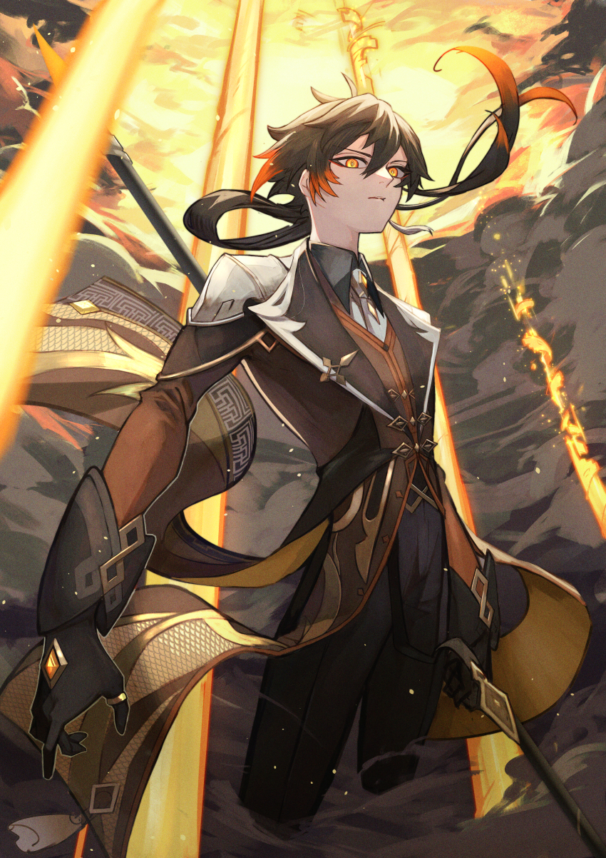 1boy absurdres arm_at_side black_gloves blurry bright_pupils brown_coat brown_hair buttons coat coattails collared_shirt colored_tips commentary cowboy_shot depth_of_field diamond_button dust_cloud earrings energy eyeliner eyeshadow film_grain floating_clothes floating_hair formal_clothes gem genshin_impact gloves gradient_hair hair_between_eyes highres holding holding_polearm holding_weapon jewelry killert_0401 lapels light_pillar long_hair long_sleeves looking_at_viewer looking_to_the_side low_ponytail makeup male_focus multicolored_hair necktie parted_lips polearm ponytail red_eyeshadow scale_print shawl_lapels shirt sideways_glance single_earring sleeve_cuffs solo standing tailcoat tassel tassel_earrings thumb_ring two-sided_coat two-sided_fabric vortex_vanquisher_(genshin_impact) weapon white_necktie white_pupils wing_collar yellow_eyes yellow_gemstone zhongli_(genshin_impact)