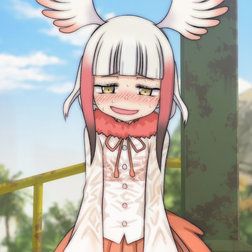 1girl bird_girl bird_tail bird_wings blush bra cloud flat_chest floral_print fur-trimmed_shirt fur_collar fur_trim grey_hair head_wings hot japanese_crested_ibis_(kemono_friends) kemono_friends long_sleeves looking_at_viewer mountain multicolored_hair neck_ribbon open_mouth palm_tree print_bra red_hair red_ribbon red_skirt ribbon see-through_clothes see-through_shirt shirt short_hair sidelocks skirt sky smile standing sweat t_jiroo_(ringofriend) tail tree two-tone_hair underwear upper_body wet wet_clothes wet_shirt white_bra white_shirt wings yellow_eyes