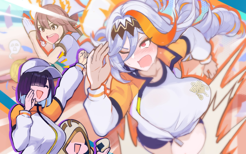 4girls animal_ears baldr_(fire_emblem_heroes) black_hair blonde_hair bouncing_breasts breasts brown_hair commentary english_commentary exhausted fire fire_emblem fire_emblem_heroes fjorm_(fire_emblem) glowing_tail hair_over_one_eye heterochromia highres hodr_(fire_emblem) jacket kiran_(fire_emblem) large_breasts long_hair medium_breasts multicolored_hair multiple_girls nintendo racing ratatoskr_(fire_emblem) revision revolverwing running siblings sisters squirrel_ears squirrel_girl squirrel_tail tail track_jacket track_suit tripping white_hair yellow_eyes