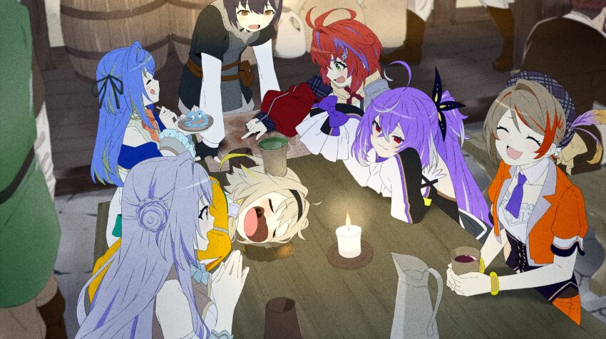 2boys 6+girls :3 ahoge akane_canna akane_canna_(1st_costume) akitetsu antenna_hair armor bangle barrel beret black_corset black_dress black_hair black_hairband black_ribbon black_sleeves black_tunic blonde_hair blue_hair boots bow bowtie bracelet braid braided_bun breasts brown_hair butterfly_hair_ornament candle closed_eyes closed_mouth coat collar cone_hair_bun corset cowlick cropped_jacket crossed_bangs cup_on_head detached_collar detached_sleeves dragon_quest dress drink drooling fire frilled_sleeves frills green_eyes green_hair green_tunic grey_hair hair_between_eyes hair_bun hair_intakes hair_ornament hair_ribbon hairband hat hat_feather high_ponytail highres hiyoku_no_crosspiece holding holding_plate holding_spoon ieiri_popo ieiri_popo_(1st_costume) indoors jacket jewelry kohaku_yuri kohaku_yuri_(1st_costume) layered_sleeves leaning_forward long_bangs long_hair long_sleeves map medium_breasts multicolored_hair multicolored_sleeves multiple_boys multiple_girls muraneko_nanashi nanashi_inc. necktie open_clothes open_jacket open_mouth orange_bow orange_bowtie orange_hair orange_jacket pauldrons pitcher_(container) plaid_clothes plaid_headwear plaid_jacket plate ponytail pouch purple_hair purple_necktie purple_sleeves red_eyes red_hair red_jacket ribbon shirt shisui_kiki shisui_kiki_(1st_costume) short_hair short_over_long_sleeves short_sleeves shoulder_armor sidelocks single_pauldron sitting sleeping sleeveless sleeveless_dress slime_(creature) slime_(dragon_quest) smile spoon streaked_hair striped_clothes striped_shirt suzumi_nemo suzumi_nemo_(1st_costume) swept_bangs table touri_sei touri_sei_(1st_costume) tunic two-tone_hair two_side_up upper_body vertical-striped_clothes vertical-striped_shirt very_long_hair virtual_youtuber white_collar white_dress white_hair white_shirt white_sleeves wing_hair_ornament yellow_coat