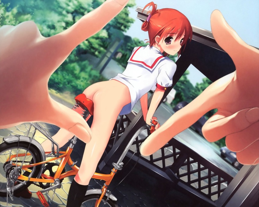 1girl ass bicycle blush bottomless dutch_angle finger_frame folding_bicycle from_behind gazebo highres kantoku kneehighs looking_back no_panties nude_filter pov public_indecency red_eyes red_hair school_uniform serafuku socks tall_bicycle third-party_edit voyeurism
