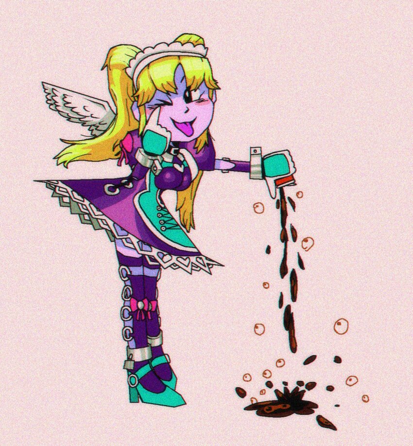 1girl alternate_color arm_cuffs black_eyes blonde_hair blush bow can choker colored_skin detached_sleeves dress drink_can fake_wings fighting_vipers finger_on_cheek frilled_dress frilled_skirt frills gloves hair_ornament high_heels highres honey_(fighting_vipers) mysticnoodle one_eye_closed pink_skin puddle sega simple_background skirt soda_can spilling thighhighs thumbs_down tongue tongue_out twintails wings