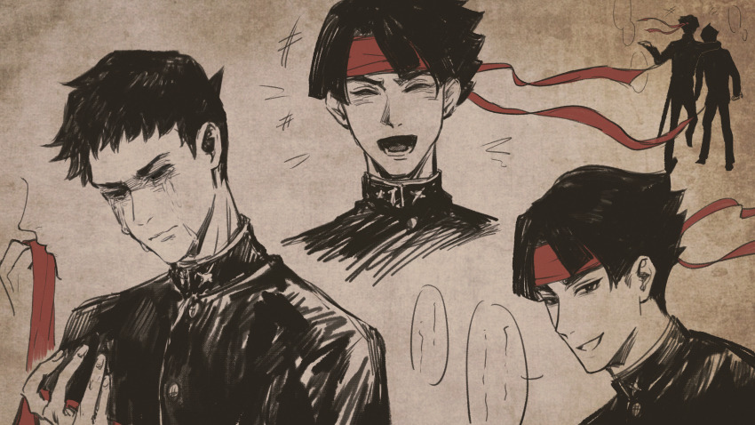 +++ 2boys ace_attorney arm_around_shoulder chinese_commentary closed_eyes closed_mouth commentary_request crying headband highres holding_headband jacket kaze_(yznyttdgs) kazuma_asogi long_sleeves male_focus monochrome multiple_boys open_mouth pants red_headband ryunosuke_naruhodo short_bangs short_hair smile speech_bubble spot_color the_great_ace_attorney walking wispy_bangs