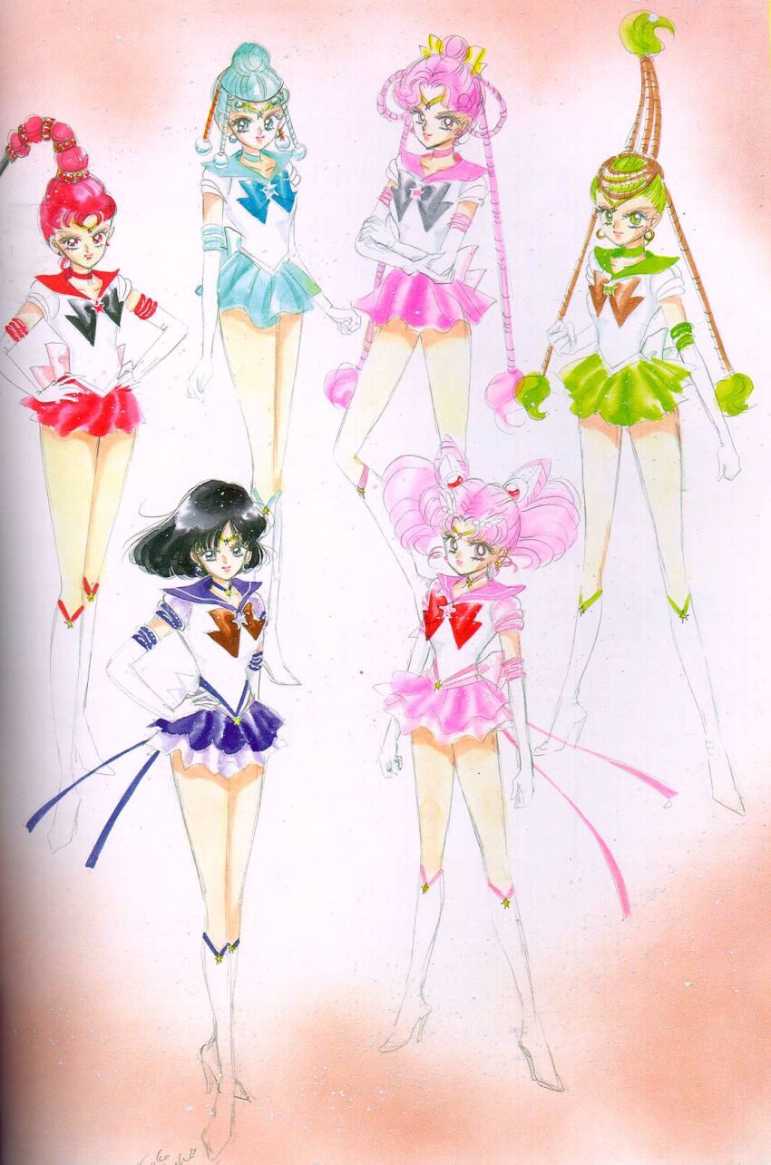1990s_(style) 6+girls amazons_quartet back_bow bishoujo_senshi_sailor_moon bishoujo_senshi_sailor_moon_stars black_bow black_hair blue_bow blue_choker blue_hair blue_sailor_collar blue_skirt bob_cut boots bow brooch brown_bow cerecere_(sailor_moon) chibi_usa choker clenched_hand cone_hair_bun crossed_arms double_bun earrings elbow_gloves full_body gloves green_choker green_hair green_sailor_collar green_skirt grey_bow hair_bun hair_up hand_on_own_hip hands_on_own_hips highres jewelry junjun_(sailor_moon) knee_boots light_blue_hair magical_girl multi-tied_hair multiple_girls non-web_source official_art pallapalla_(sailor_moon) pink_choker pink_hair pink_sailor_collar pink_skirt purple_choker purple_sailor_collar purple_skirt red_bow red_choker red_hair red_sailor_collar red_skirt retro_artstyle sailor_ceres sailor_chibi_moon sailor_collar sailor_juno sailor_pallas sailor_saturn sailor_senshi sailor_senshi_uniform sailor_vesta short_twintails signature skirt standing star_(symbol) star_brooch star_choker super_sailor_chibi_moon_(stars) super_sailor_saturn_(stars) takeuchi_naoko tiara tomoe_hotaru twintails vesves_(sailor_moon) white_footwear white_gloves yellow_bow