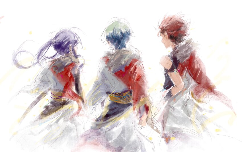 3boys absurdres akatsuki_(ensemble_stars!) armband black_arm_warmers black_armband black_gloves black_hair cowboy_shot ensemble_stars! facing_away floating_clothes floating_hair from_behind fur_collar gloves green_hair hadanugi_dousa hasumi_keito highres idol japanese_clothes kanzaki_souma kimono kiryu_kuro long_hair long_sleeves male_focus motoyui multicolored_hair multiple_boys obi open_kimono ponytail purple_hair red_hair red_kimono sash scabbard sheath short_hair sidelocks sleeve_rolled_up spiked_hair streaked_hair two-tone_kimono very_long_hair white_background white_kimono whiten_wolf wide_sleeves