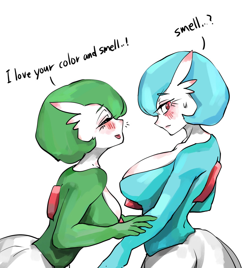 2girls alternate_color blue_hair blue_skin blush bob_cut breasts closed_eyes closed_mouth colored_skin creatures_(company) ear_blush english_text female_focus from_side game_freak gardevoir gen_3_pokemon green_hair green_skin hand_on_another&#039;s_arm hand_up happy highres kobi_(pixiv_110113813) large_breasts leaning_forward looking_at_viewer multicolored_skin multiple_girls nintendo nose_blush open_mouth pokemon pokemon_(creature) profile shiny_and_normal shiny_pokemon short_hair sideways_glance sideways_mouth simple_background smelling smile standing sweat talking two-tone_skin upper_body white_background white_skin yuri