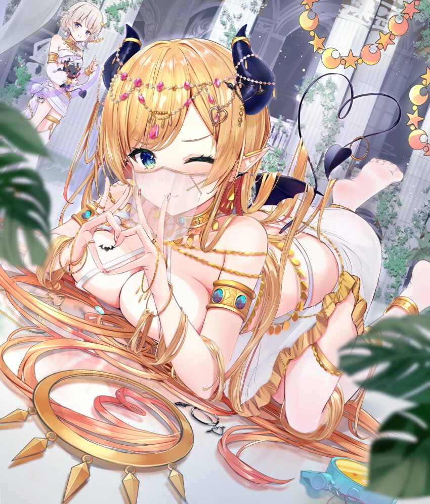 2girls four-finger_heart_hands anklet aqua_eyes armlet blonde_hair bracelet breast_tattoo breasts chocolat-chan_(yuzuki_choco) circlet commentary_request demon_girl demon_horns demon_tail demon_wings feet feet_up hai_0013 harem_outfit headdress heart heart_hands highres hololive hololive_dev_is horns jewelry large_breasts loincloth long_hair looking_at_viewer mini_wings mouth_veil multicolored_hair multiple_girls necklace no_shoes one_eye_closed paid_reward_available pointy_ears purple_eyes purple_hair see-through_clothes short_hair soles solo_focus streaked_hair swept_bangs tail tattoo todoroki_hajime toes top-down_bottom-up two_side_up veil very_long_hair virtual_youtuber white_veil winged_heart winged_heart_tattoo wings yuzuki_choco