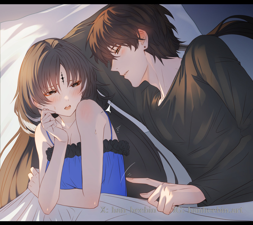 1boy 1girl absurdres black_eyes black_hair blanket blue_pajamas blush confused finger_touching han_heebin hetero highres holding holding_blanket light_blush long_hair male_rover_(wuthering_waves) multicolored_hair pajamas pillow rover_(wuthering_waves) sleepwear tacet_mark_(wuthering_waves) touching_another&#039;s_back trembling two-tone_hair very_long_hair wuthering_waves yangyang_(wuthering_waves) yellow_eyes