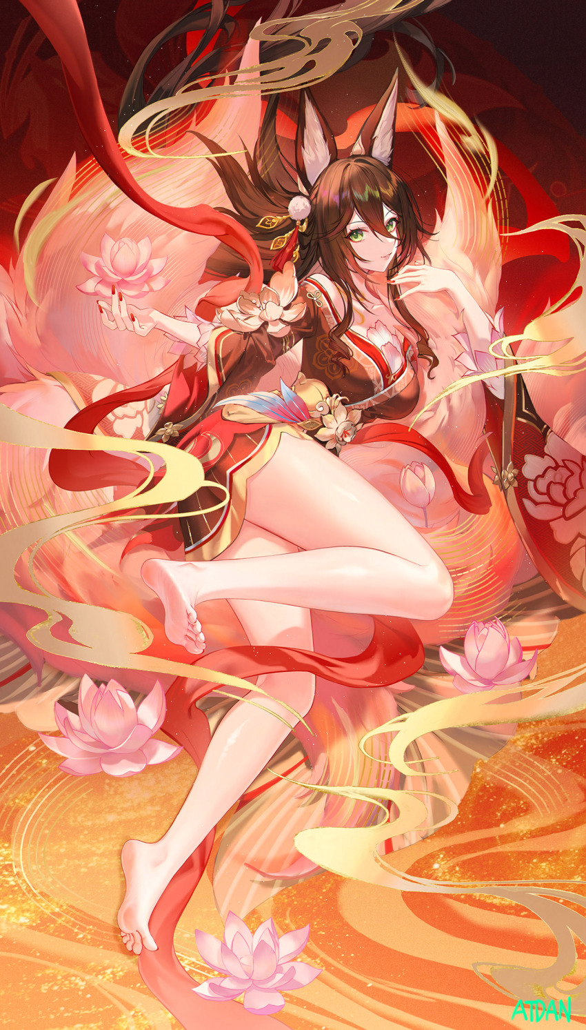 1girl animal_ears atdan bare_legs barefoot breasts brown_hair feet flower fugue_(honkai:_star_rail) highres honkai:_star_rail honkai_(series) japanese_clothes kimono kitsune kyuubi large_breasts long_hair multiple_tails nail_polish solo tail tingyun_(honkai:_star_rail)