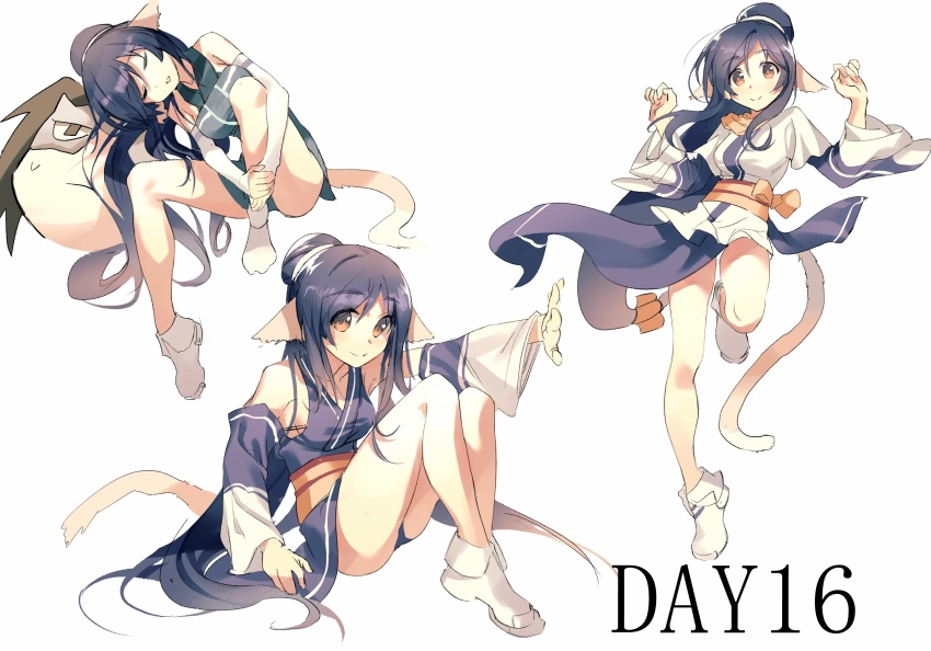 1boy 1girl ainu_clothes b_zhan_cm_yang bare_legs black_hair bow breasts brown_eyes detached_sleeves hair_ornament haku_(utawarerumono) highres kuon_(utawarerumono) long_hair looking_at_viewer medium_breasts multiple_views obi orange_bow ponytail sash sleeping smile tail utawarerumono utawarerumono:_futari_no_hakuoro utawarerumono:_itsuwari_no_kamen very_long_hair white_footwear white_tail