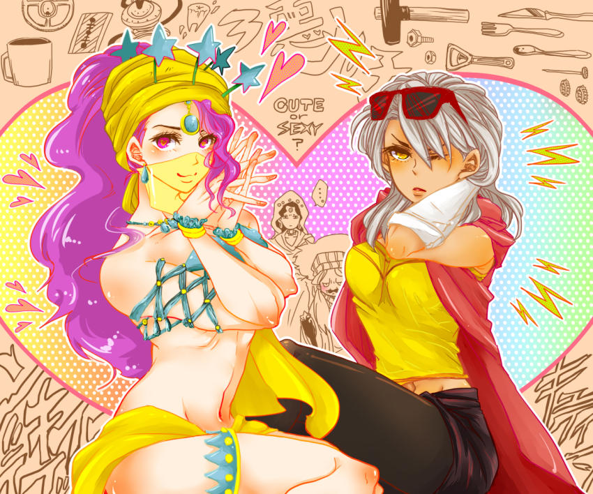 ... 4girls arm_behind_head black_leggings black_skirt dark-skinned_female dark_skin enya_geil eyewear_on_head forehead_jewel frown headdress heart heart-shaped_pupils hood interlocked_fingers jojo_no_kimyou_na_bouken leggings long_hair mariah_(jojo) midler mouth_veil multiple_girls nena pasties pink_eyes pink_hair skirt smile sound_effects spoken_ellipsis star_(symbol) star_pasties stardust_crusaders starfish_bikini stomach sudataro sunglasses symbol-shaped_pupils tools veil white_hair yellow_eyes