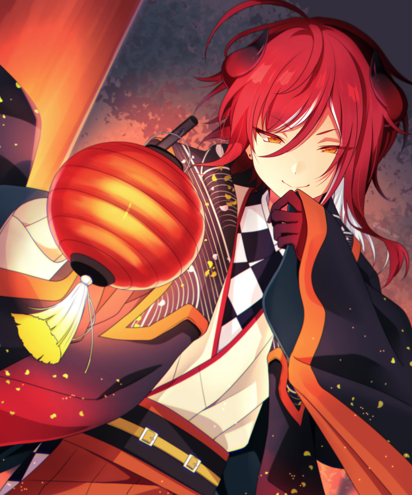 1boy closed_mouth demon_horns ensemble_stars! gloves highres horns lantern long_sleeves looking_at_viewer male_focus multicolored_hair red_hair sakasaki_natsume short_hair smile solo take_no_ko white_hair yellow_eyes