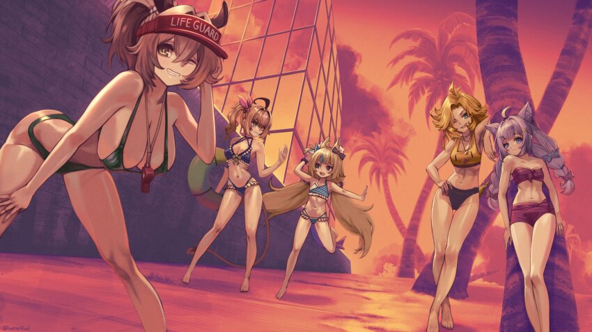 5girls ahoge animal_ears beach bent_over bikini blonde_hair blue_bikini blue_eyes braid breasts brown_hair cat_ears cat_girl dokibird dooby fins fish_tail green_bikini group_picture high_ponytail highres indie_virtual_youtuber large_breasts long_hair medium_breasts mint_fantome multiple_girls nimi_nightmare palm_tree ponytail purple_bikini purple_hair roober sameko_saba sand shark_girl shark_tail short_hair small_breasts swimsuit tail tapir_girl tree twin_braids virtual_youtuber yellow_bikini