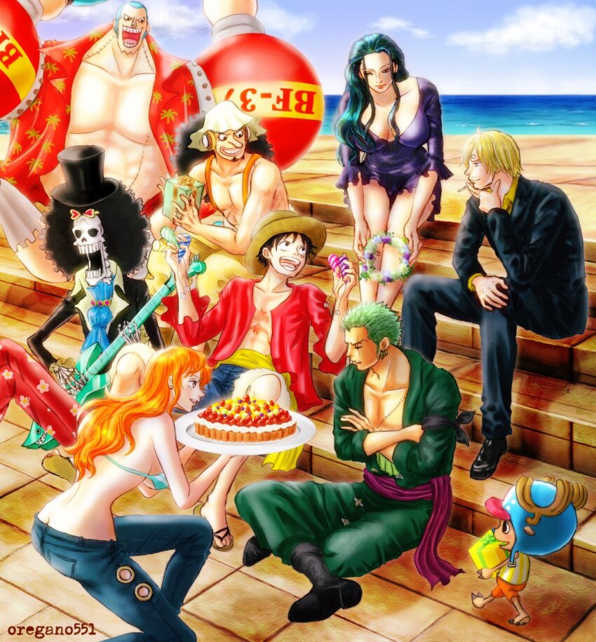 2girls 6+boys afro alternate_color antlers arms_up bikini birthday_cake black_suit blonde_hair breasts brook_(one_piece) buzz_cut cake cigarette crossed_legs denim facial_hair flower_wreath food formal_clothes franky_(one_piece) gift goatee green_bikini green_hair guitar haramaki hat headphones highres holding holding_cigarette holding_gift holding_guitar holding_instrument horns instrument jeans large_breasts long_hair long_sleeves looking_at_another mixed-language_commentary monkey_d._luffy multiple_boys multiple_girls nami_(one_piece) nami_(one_piece)_(return_to_sabaody) nico_robin nico_robin_(fish-man_island) ocean official_alternate_costume one_piece open_mouth oregano551 outdoors pants red_shirt reindeer_antlers roronoa_zoro sanji_(one_piece) sash shirt short_hair sideburns sidelocks sitting smile straw_hat straw_hat_pirates striped_bikini striped_clothes suit swimsuit tony_tony_chopper twitter_username underboob usopp very_short_hair water yellow_sash yellow_shirt