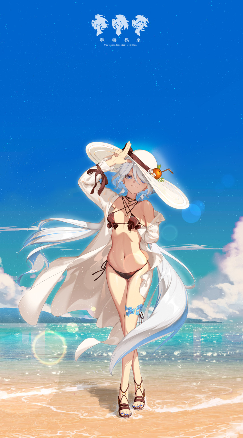 1girl absurdres beach bikini black_bikini blue_eyes blue_hair blue_sky breasts cloud commentary_request full_body furina_(genshin_impact) genshin_impact hat highres long_hair makinohara_ue multicolored_hair nail_polish ocean outdoors sand sandals side-tie_bikini_bottom sky small_breasts smile solo sun_hat swimsuit swimsuit_cover-up toenail_polish toenails toes two-tone_hair very_long_hair white_hair