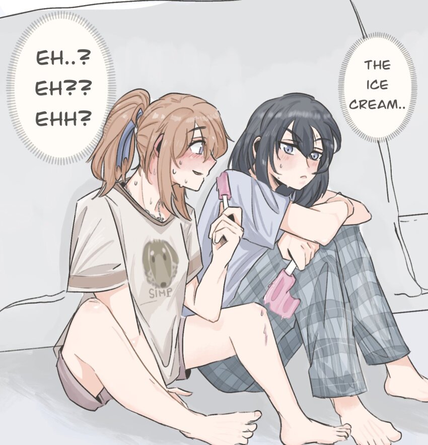 2girls barefoot black_hair blue_eyes blue_pants blue_ribbon blush brown_hair closed_mouth commentary elephon english_commentary english_text food hair_ribbon highres holding holding_food holding_popsicle jewelry long_hair miyagi_shiori multiple_girls necklace pants parted_lips plaid_clothes plaid_pants ponytail popsicle purple_shirt ribbon sendai_hazuki shirt short_sleeves shuuniichido_classmate_wo_kau_hanashi sitting speech_bubble sweat toes white_shirt