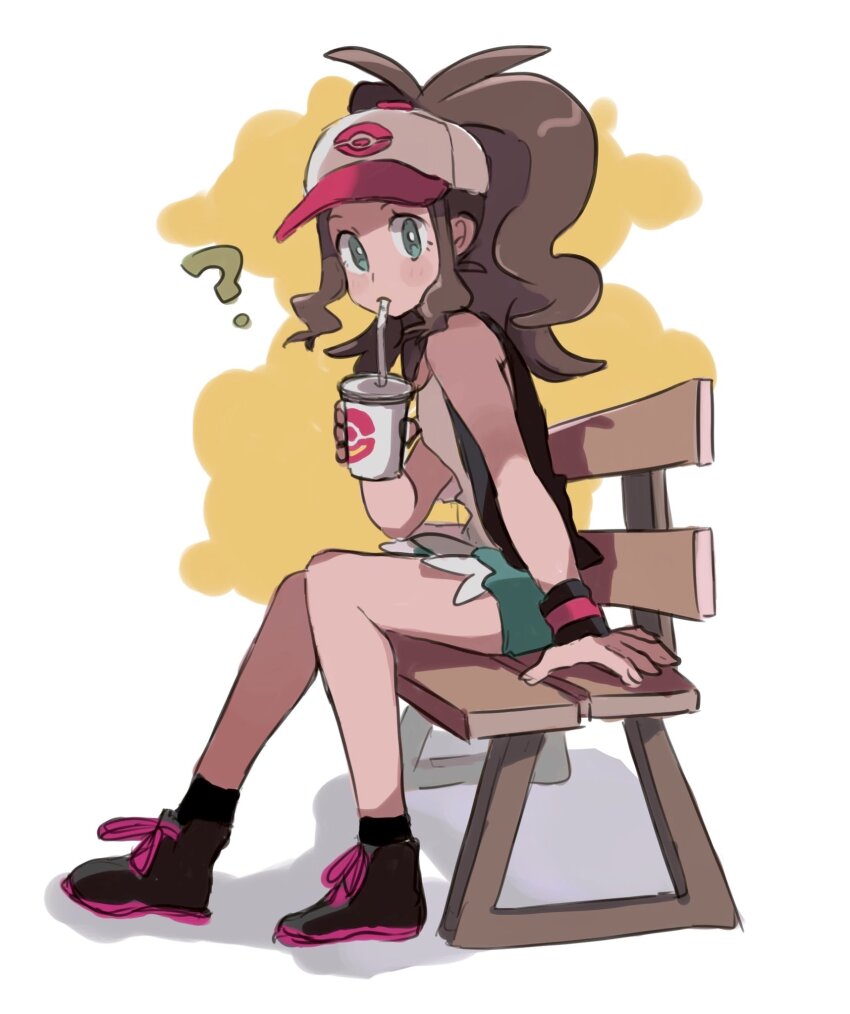 1girl ? antenna_hair baseball_cap bench black_boots black_socks black_vest blue_eyes blue_shorts boots bright_pupils brown_hair cup cutoffs disposable_cup drinking_straw full_body hat highres hilda_(pokemon) holding holding_cup long_hair nintendo on_bench open_clothes open_vest pokemon pokemon_bw ponytail shadow shichibee_(stm_mimi) shirt shorts sitting socks solo vest white_pupils white_shirt wooden_bench wristband