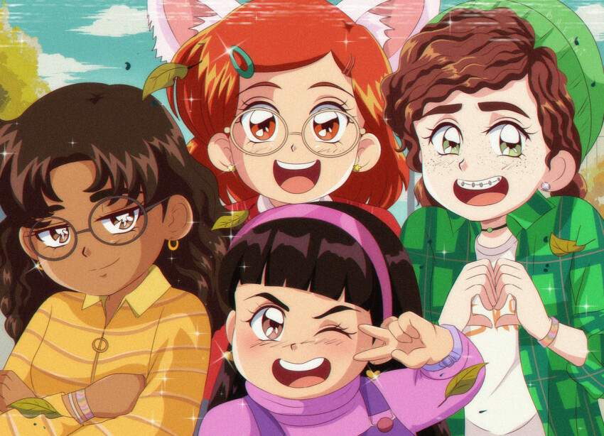 1990s_(style) 4girls abby_(turning_red) animification beanie black_hair braces brenni_murasaki brown_eyes brown_hair clip_studio_paint_(medium) commentary crossover dark-skinned_female dark_skin earrings faux_retro_artstyle glasses hat jewelry looking_at_viewer meilin_lee miriam_(turning_red) multiple_girls open_mouth overalls priya_(turning_red) retro_artstyle shirt smile symbol-only_commentary turning_red
