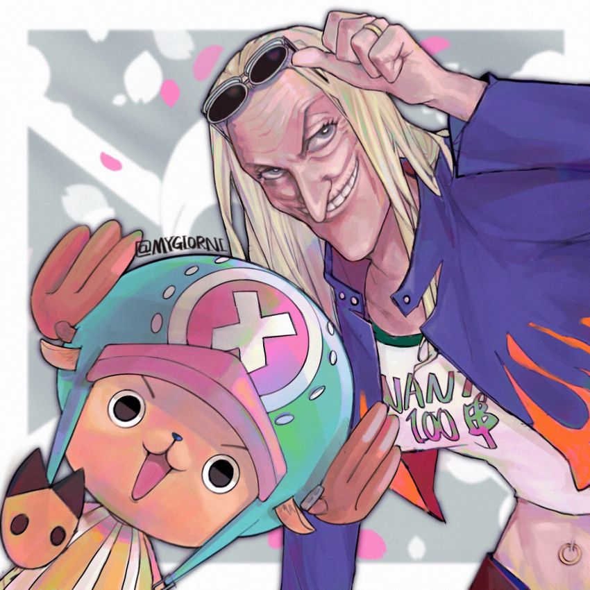 1boy 1girl animal_ears antlers antlers_through_headwear artist_name black_eyes commentary dr._kureha english_commentary grey_hair hat highres horns jacket jewelry long_hair looking_at_viewer mygiorni navel_piercing old old_woman one_piece open_mouth piercing reindeer_antlers ring round_eyewear smile sunglasses teeth tony_tony_chopper