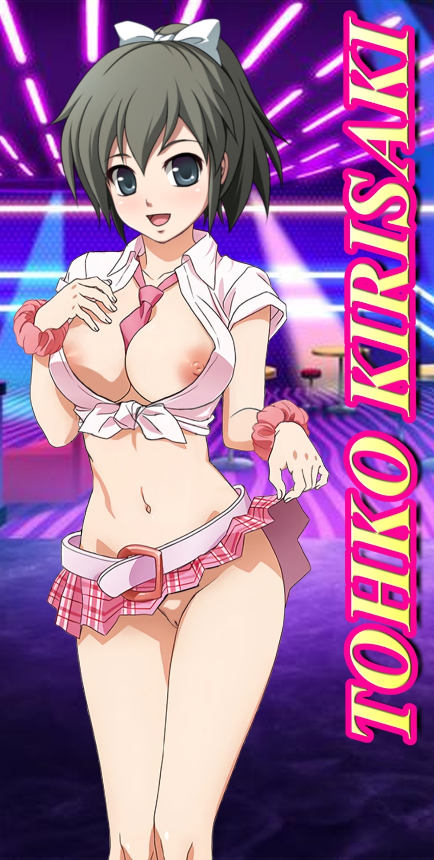 1girl absurdres between_breasts breasts character_name cleft_of_venus clothes_lift corpse_party derivative_work highres kirisaki_touko midriff miniskirt navel necktie necktie_between_breasts nipple_slip nipples pussy skirt skirt_lift tagme third-party_edit