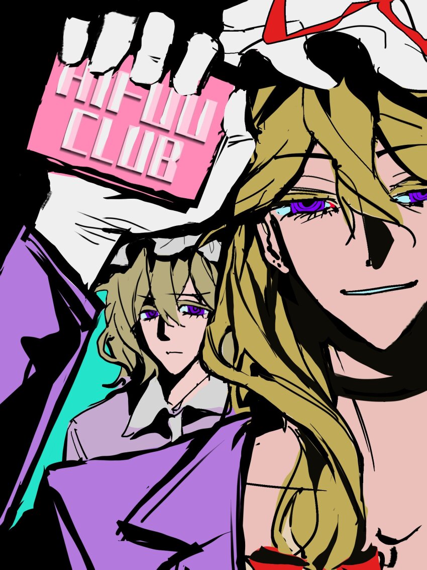 bar_soap black_choker blonde_hair bow choker commentary crossover english_commentary fight_club gloves green_background hair_bow hat hat_ribbon highres long_hair long_sleeves looking_at_viewer maribel_hearn medium_hair mob_cap poster_parody poxiao354 purple_eyes purple_shirt red_bow red_ribbon ribbon shirt smirk soap touhou white_gloves white_hat yakumo_yukari