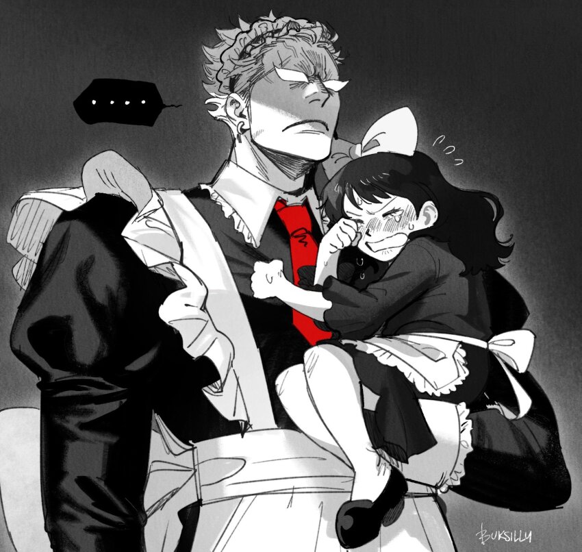 ... 1boy 1girl aged_down angry apron baby_5 black_dress black_hair blonde_hair blush bow buksillee carrying carrying_person commentary crying donquixote_doflamingo dress earrings english_commentary hair_bow highres jewelry long_hair maid_apron maid_headdress necktie one_piece partially_colored red_necktie short_hair sunglasses upper_body