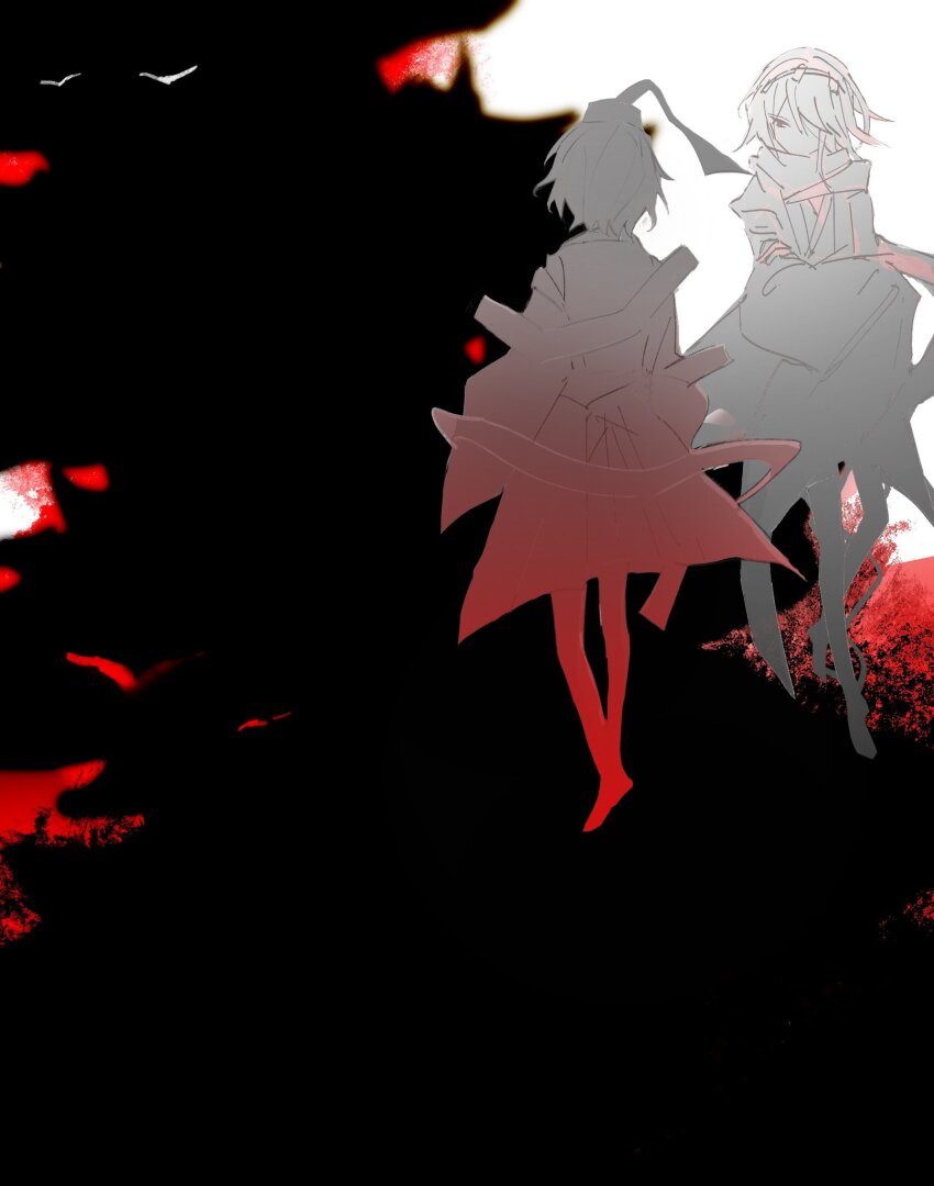 2others androgynous bad_id bad_twitter_id bare_legs barefoot bird black_background chinese_commentary commentary_request detached_sleeves from_behind full_body greyscale hair_over_one_eye hair_rollers hairband haori hat hat_ribbon highres japanese_clothes kariginu kimono leg_ribbon len&#039;en long_sleeves looking_at_another monochrome multiple_others ofuda ofuda_on_clothes other_focus ribbon scar senri_tsurubami short_hair simple_bird socks spot_color tate_eboshi two-tone_background white_background wide_sleeves yoiame zuifeng_tenkai