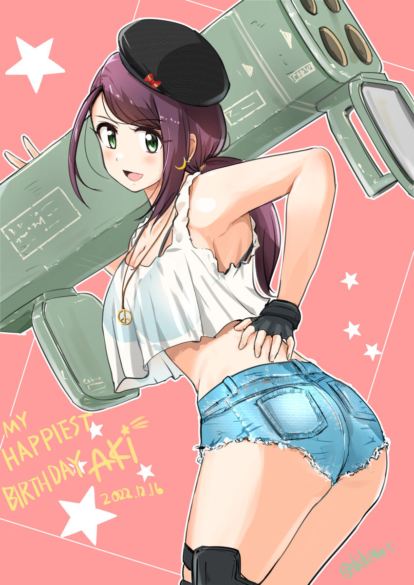 1girl absurdres armpits ass bare_shoulders belt black_bra black_gloves black_hat blush bra bra_visible_through_clothes breasts brown_hair cleavage collarbone commentary_request cowboy_shot crescent crescent_earrings crop_top cropped_shirt denim denim_shorts dot_nose earrings fingerless_gloves from_behind gloves green_eyes hair_tie hand_on_own_hip hands_up happy_birthday hat highres holding holding_rocket_launcher holding_weapon idolmaster idolmaster_cinderella_girls idolmaster_cinderella_girls_starlight_stage jewelry large_breasts long_hair looking_at_viewer looking_back m202_flash midriff multiple-barrel_gun multishot_rocket_launcher necklace open_mouth pink_background ponytail rocket_launcher shikamax2 shirt shorts sleeveless sleeveless_shirt smile solo standing star_(symbol) thigh_strap twitter_username underwear utility_belt weapon white_shirt yamato_aki