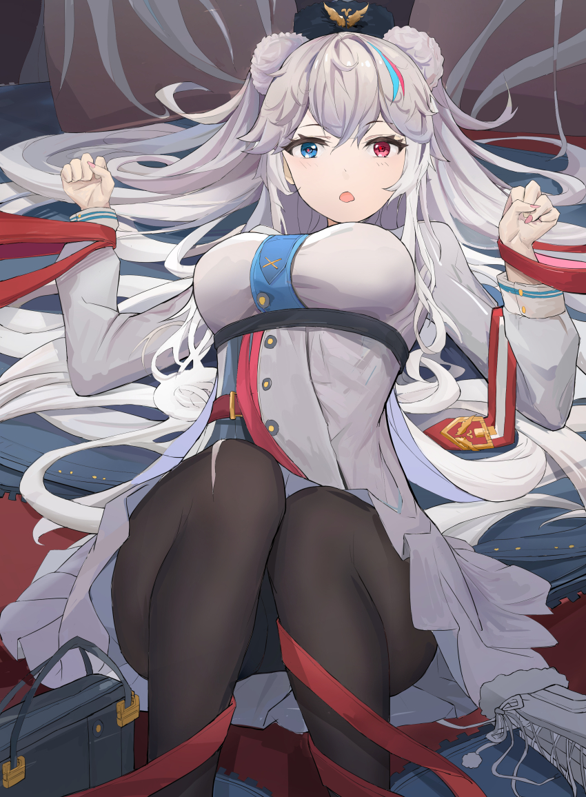 1girl absurdres animal_ears arknights bear_ears black_pantyhose blue_necktie fur_trim grey_eyes hair_between_eyes heterochromia highres jacket long_hair long_sleeves looking_at_viewer multicolored_eyes multicolored_hair necktie pantyhose pom_pom_(clothes) red_eyes rosa_(arknights) solo streaked_hair white_hair white_jacket yuxia_(please6)