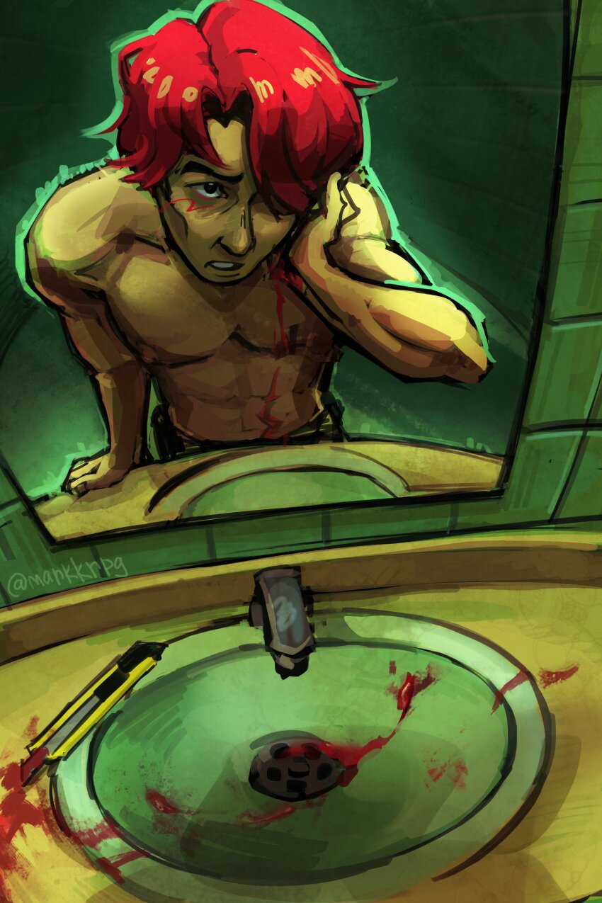 1boy abs absurdres bathroom black_eyes blood blood_drip blood_on_body bloody_weapon boxcutter clenched_hand commentary curtained_hair english_commentary hair_over_one_eye hand_on_own_head highres implied_self-harm knife leaning_forward looking_at_reflection male_focus markkrpg mirror no_shirt official_alternate_costume open_mouth pectorals red_hair reflection reflection_focus self-harm seong_gi-hun short_hair sink solo squid_game tile_wall tiles toned toned_male weapon