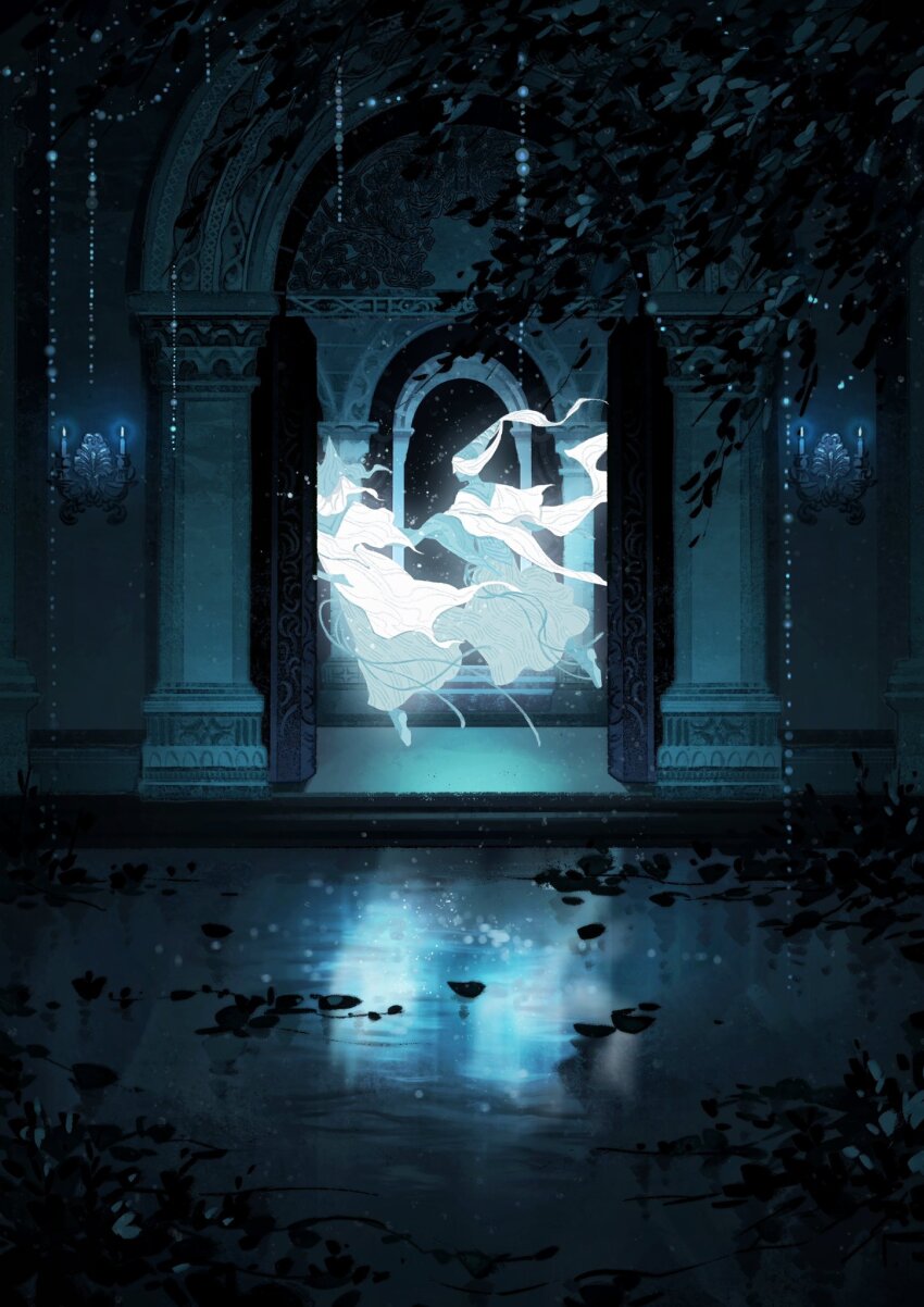 2girls arch armor armored_dress candle cape commentary dress elden_ring glowing headdress highres la_bo_chu_shi leaf multiple_girls night_maiden_(elden_ring) reflection swordstress_(elden_ring) white_cape