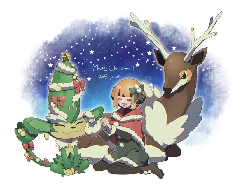 1girl :3 :d alternate_costume antlers black_boots black_hair black_pantyhose blush boots bow capelet christmas christmas_ornaments closed_eyes closed_mouth dated dress eyelashes gardenia_(pokemon) garland_(decoration) gen_5_pokemon green_bow green_dress hair_bow highres horns merry_christmas multicolored_hair nintendo open_mouth orange_hair pantyhose poke_miss pokemon pokemon_(creature) pokemon_dppt red_bow red_capelet sawsbuck sawsbuck_(winter) short_hair sidelocks simisage sitting smile star_(symbol) tree-topper two-tone_hair