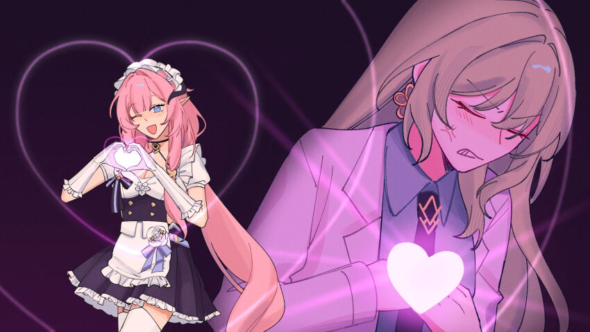 2girls apron blue_eyes breasts commentary elysia_(honkai_impact) elysia_(miss_pink)_(honkai_impact) elysia_(miss_pink_elf)_(honkai_impact) highres honkai_(series) honkai_impact_3rd large_breasts long_hair maid maid_apron maid_headdress mobius_(honkai_impact) mobius_(pre-surgery)_(honkai_impact) multiple_girls official_alternate_costume pink_hair rena_(rrena) very_long_hair yuri