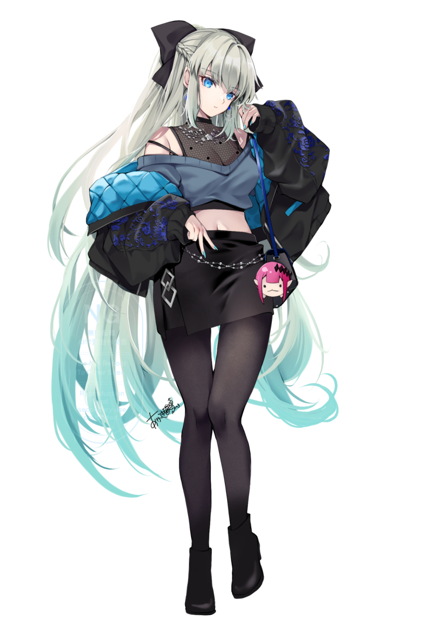 1girl akatsuki_hijiri baobhan_sith_(fate) bare_shoulders black_bow black_jacket black_skirt blue_eyes bow braid breasts cleavage fate/grand_order fate_(series) full_body grey_hair hair_bow highres jacket large_breasts long_hair long_sleeves looking_at_viewer miniskirt morgan_le_fay_(fate) off_shoulder pencil_skirt ponytail see-through_cleavage see-through_clothes sidelocks skirt solo stuffed_toy very_long_hair