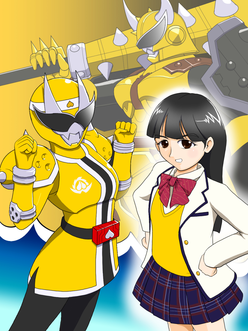 1girl avataro_sentai_donbrothers black_hair brown_hair club_(weapon) helios highres kito_haruka onisister school_uniform super_sentai