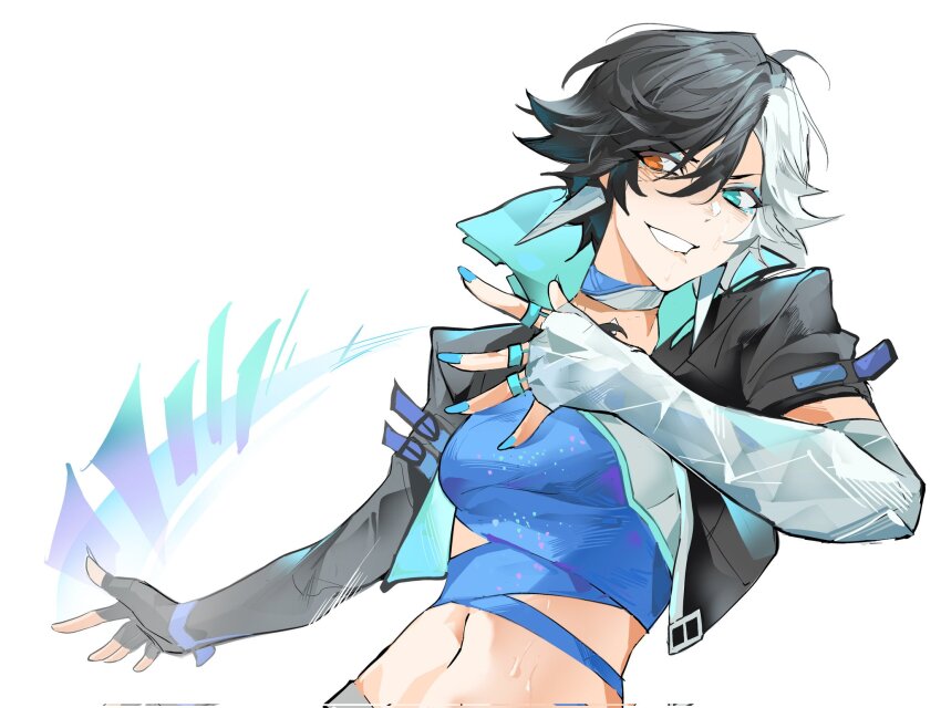 1girl black_hair black_jacket blue_eyes breasts choker crop_top fingerless_gloves gloves heterochromia highres jacket looking_at_viewer luna_snow marvel marvel_rivals midriff multicolored_hair navel short_hair smile solo songtanshui02 split-color_hair two-tone_hair white_hair