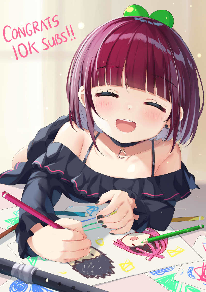 1girl absurdres black_dress blunt_bangs choker closed_eyes colored_pencil congratulations curtains derem_kado drawing dress highres holding holding_pencil ikazu401 indoors lying nagisa_arcinia nijisanji nijisanji_id on_stomach open_mouth pencil purple_hair reza_avanluna smile solo virtual_youtuber window
