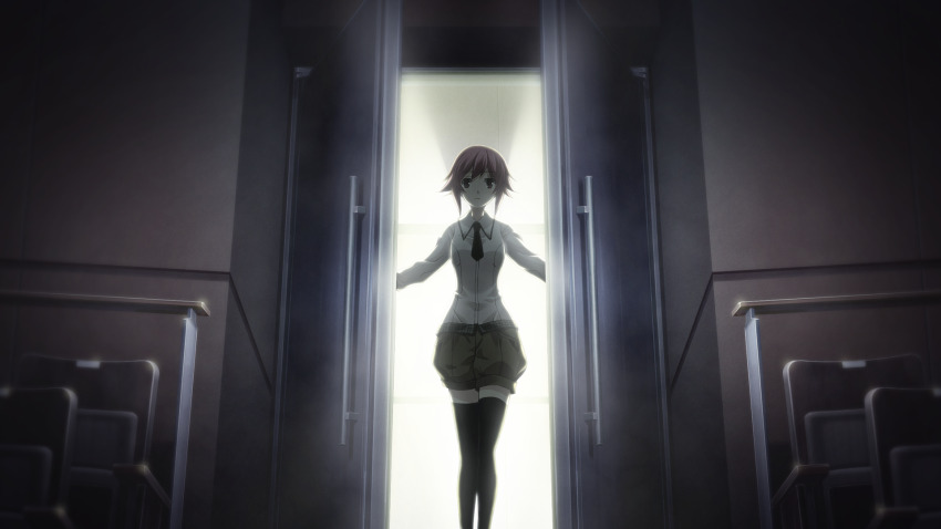 1girl baggy_shorts black_necktie black_thighhighs breasts brown_shorts chair chaos;child collared_shirt dim_lighting ears_visible_through_hair facing_viewer feet_up game_cg highres indoors long_sleeves medium_breasts movie_theater necktie non-web_source official_art onoe_serika opening opening_door pink_eyes pink_hair plaid_trim sasaki_mutsumi shirt short_hair short_hair_with_long_locks short_necktie shorts sidelocks solo split_mouth swept_bangs theater theater_seating thighhighs white_shirt