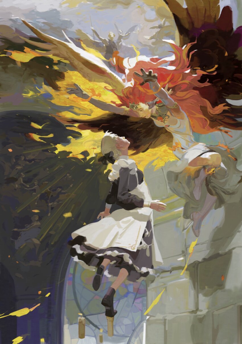 2girls apron arms_up black_dress black_shoes blonde_hair boots bow candle copyright_request day dress eye_contact fire floating floating_hair frills full_body headpiece highres huahua_zhu looking_at_another maid multiple_girls mural red_hair shoes stained_glass stone_wall white_apron white_boots white_dress window wings