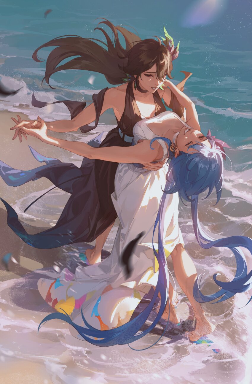 2girls absurdres barefoot beach black_choker black_dress blue_hair choker closed_eyes commentary crmnlmlfhntr dancing dress earrings english_commentary fanfiction_available full_body grey_hair griseo halter_dress halterneck hand_on_another&#039;s_back highres holding_hands honkai_(series) honkai_impact_3rd jewelry long_hair low_twintails multiple_girls ocean red_eyes sand sleeveless sleeveless_dress smile soaking_feet twintails very_long_hair vita_(honkai_impact) water white_dress yuri