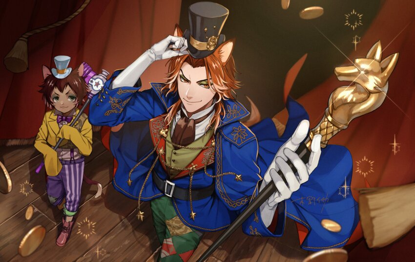 2boys 2f_sq :3 absurdres animal_ears ascot belt belt_buckle black_belt black_hat blue_cape blue_coat boots bow bowtie brown_ascot brown_eyes brown_footwear brown_hair buckle buttons cane cape cat_boy cat_ears cat_tail chain child closed_mouth coat coin collared_coat commentary_request cropped_jacket curtains dark-skinned_male dark_skin eyeshadow fellow_honest fox_boy fox_ears fox_tail gidel_(twisted_wonderland) glint gloves gold_chain green_eyes green_eyeshadow green_pants green_vest hammer hand_on_headwear hands_up hat highres holding holding_cane holding_hammer indoors jacket lapel_chain lapel_pin lapels looking_at_viewer makeup male_focus medium_hair mini_hat mini_top_hat multicolored_hair multiple_boys pants parted_bangs patchwork_clothes purple_bow purple_bowtie purple_pants red_cape rope shirt short_hair sleeves_past_fingers sleeves_past_wrists smile smirk stage standing star_(symbol) stitches streaked_hair suspenders tail tassel top_hat toy_hammer twisted_wonderland two-sided_cape two-sided_fabric v-shaped_eyebrows vest white_gloves white_hair white_shirt wooden_floor yellow_jacket